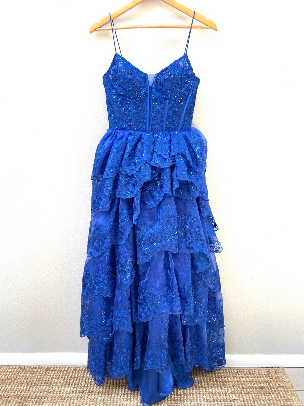 FLAWED Jovani Blue Prom Dress Sequin Corset High Slit Formal Pageant Gown, Sz 2 - Picture 6 of 14
